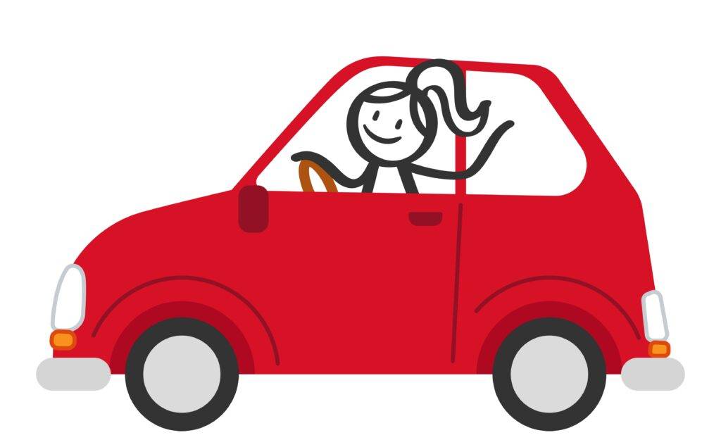 Symbolgrafik einer Fahranfängerin im Auto, die selbstsicher das Lenkrad festhält und winkt