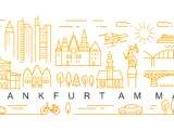 Lineart-Darstellung der Skyline und Wahrzeichen von Frankfurt am Main, inklusive Wolkenkratzern, historischen Gebäuden, der Justitia-Statue und dem Flughafen