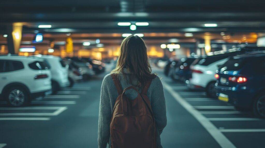 Frau mit Rucksack geht durch ein beleuchtetes Parkhaus mit geparkten Autos bei Nacht.