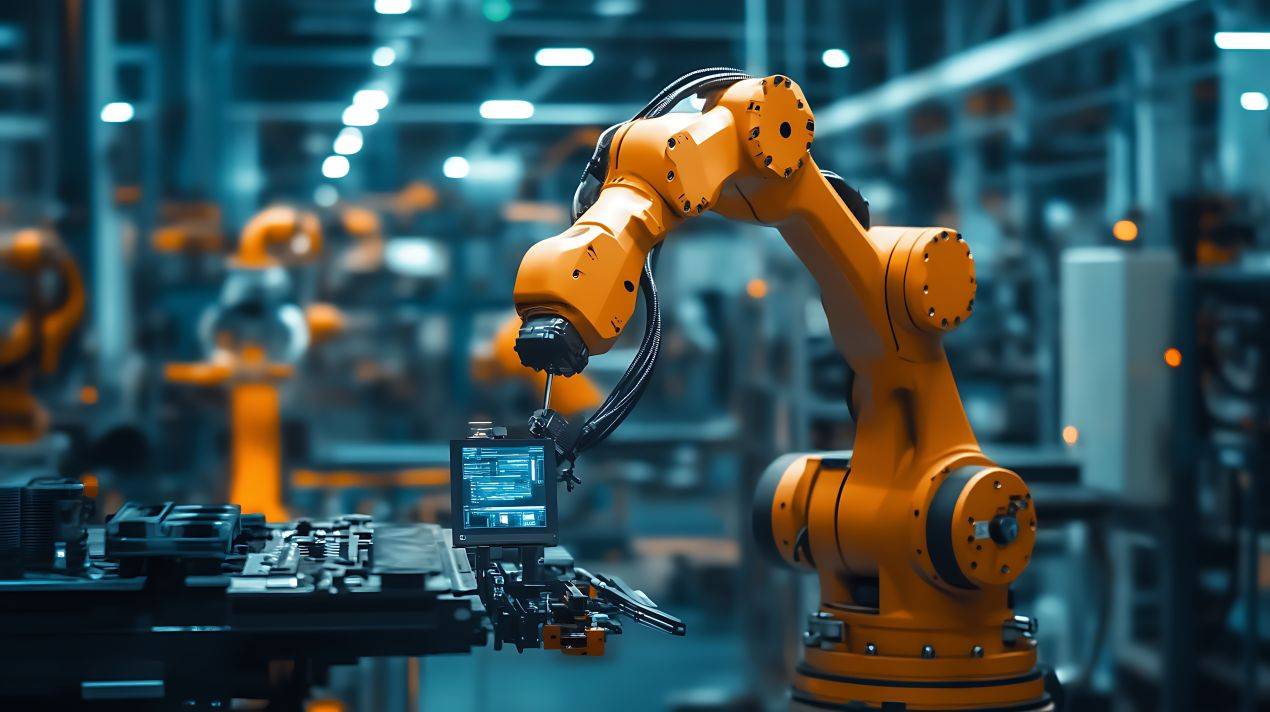 Industrieroboter mit Machine Vision System analysiert Bauteile in einer automatisierten Fertigungsstrasse zur Qualitaetskontrolle