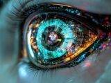 Symbolisches digitales Auge mit Machine Vision Technologie zeigt Zukunft der visuellen Datenerkennung und KI-gestuetzten Analyse