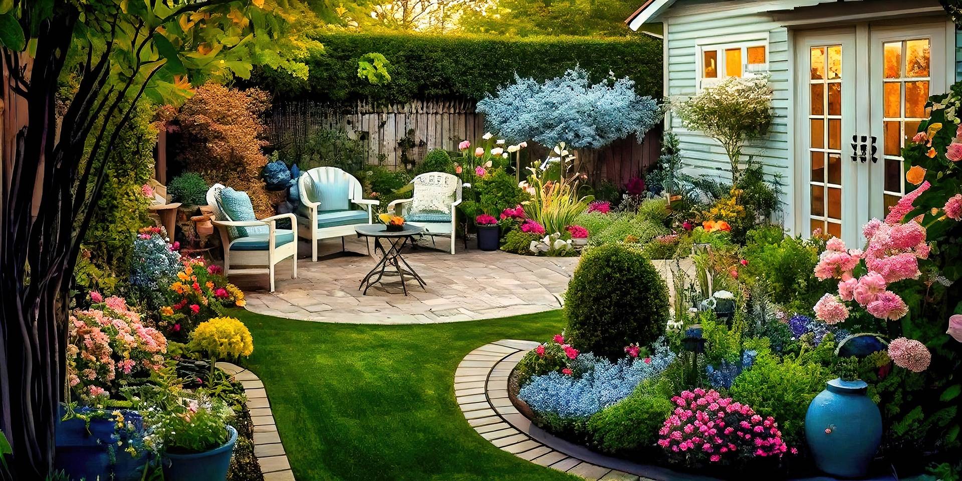 Garten mit Sitzgruppe und Blumen | Mülltonnenboxen mit Pflanzdach

