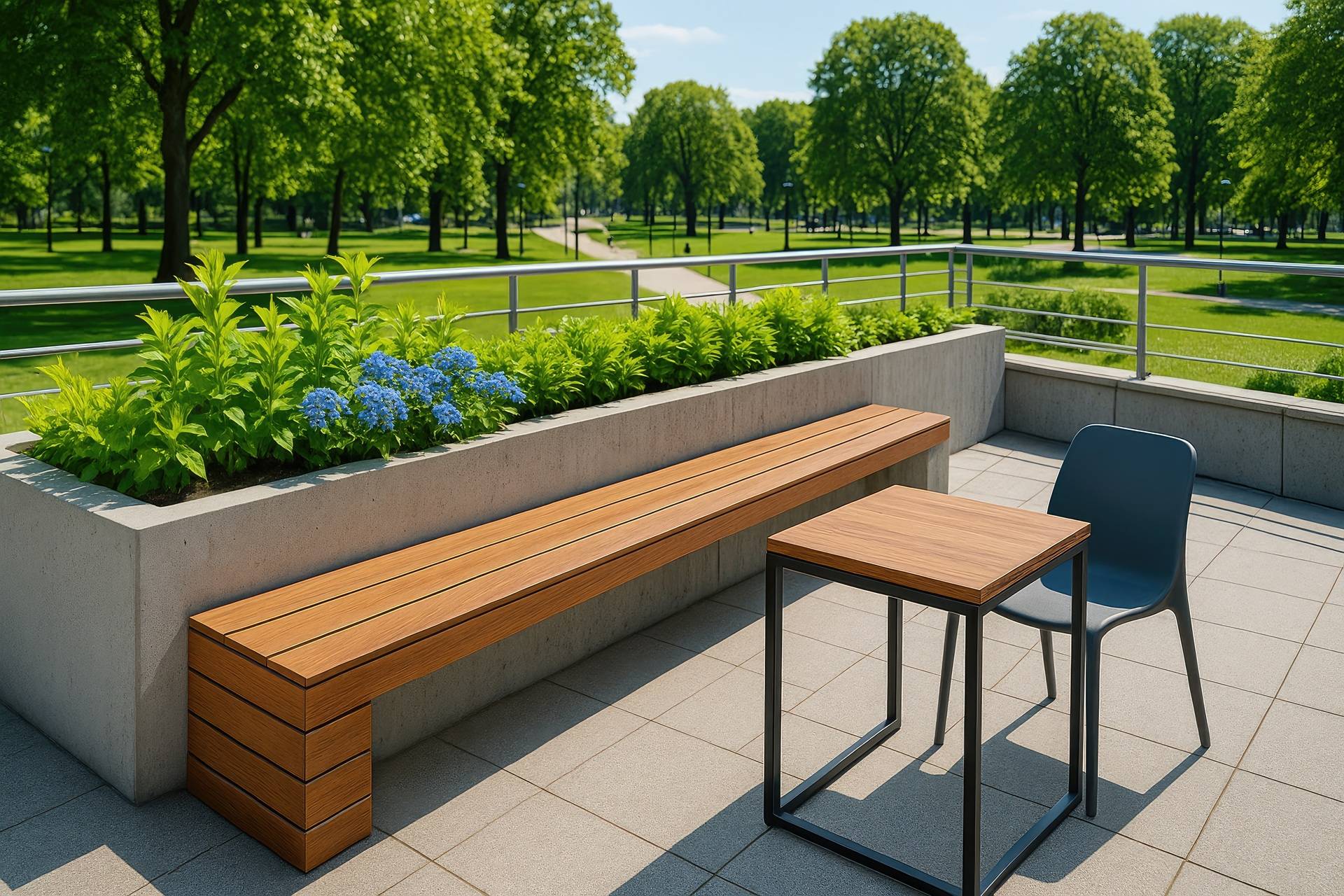 Terrasse mit Holzbank, Tisch und Blumen | Gartendeko Metall