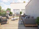 Moderne Dachterrasse mit Lounge-Möbeln und Pflanzen im Sonnenlicht | Pools