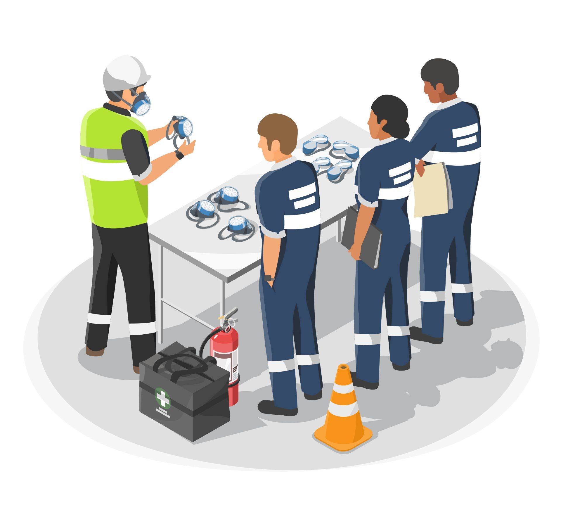 Sicherheitsunterweisung mit Schutzmasken als Symbol fuer Arbeitsschutz und Weiterbildung nach TRGS 524